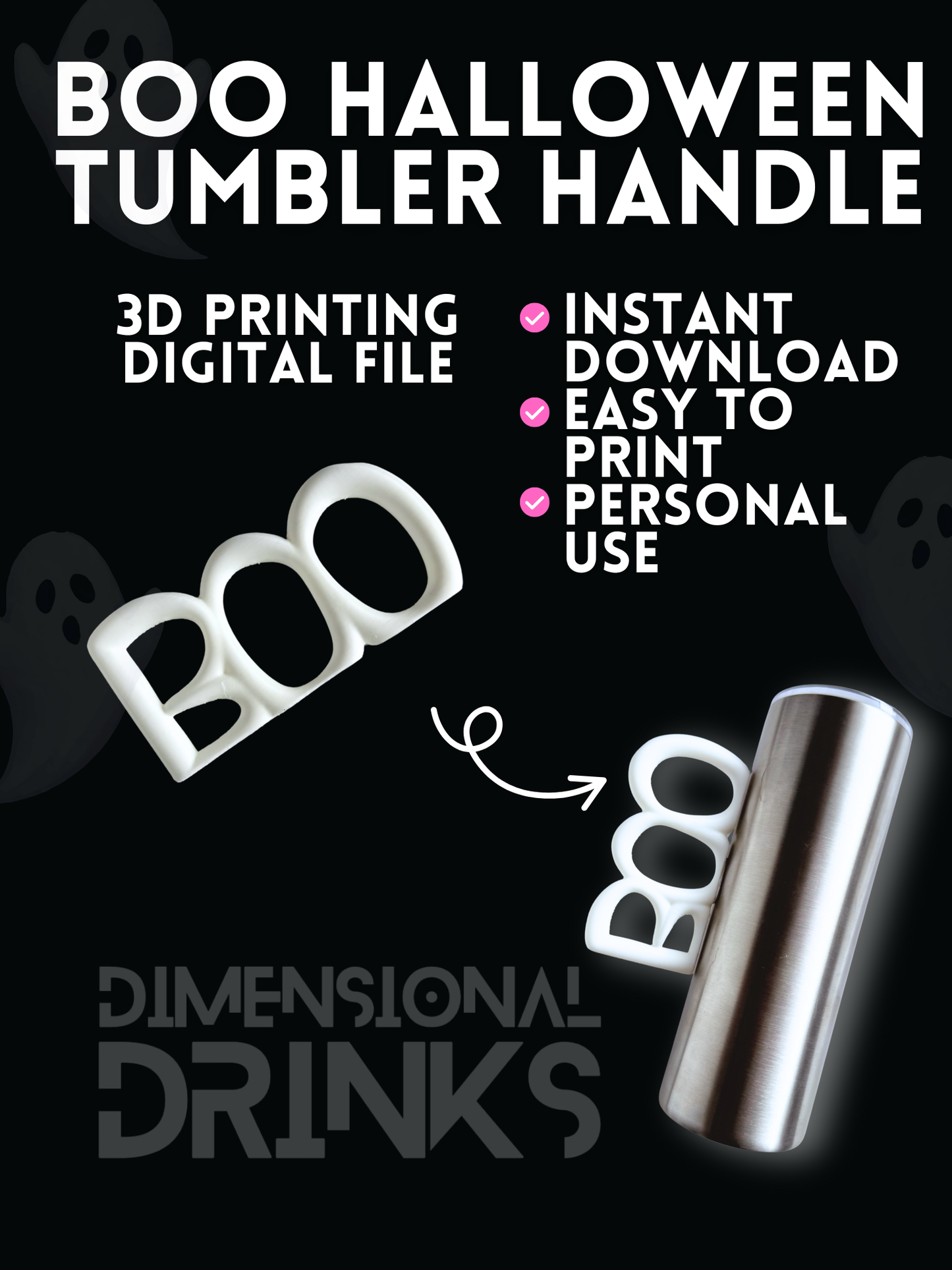 Boo Halloween Tumbler Handle Digital STL File